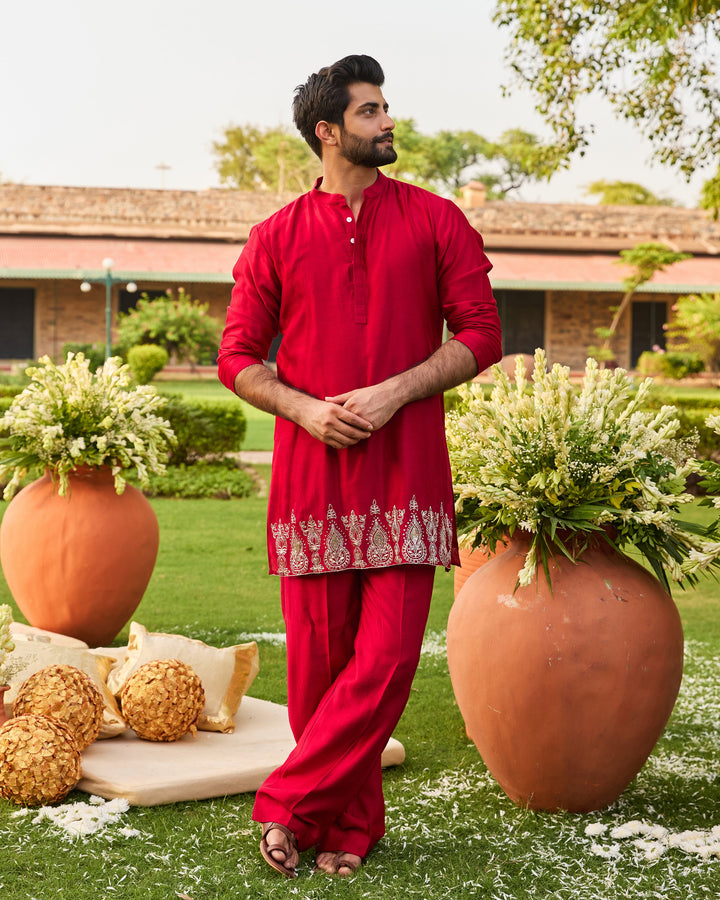 Aarambh Red Chanderi Embroidered Kurta