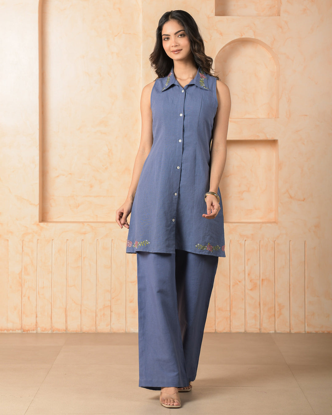 Citrine Blue Embroidered Cotton Flex Coord Set