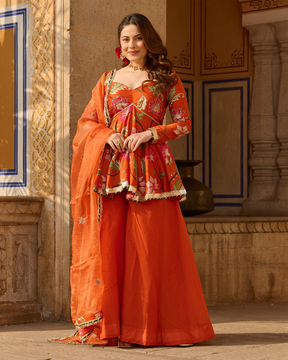 Mehar Orange Printed Chanderi Suit Set