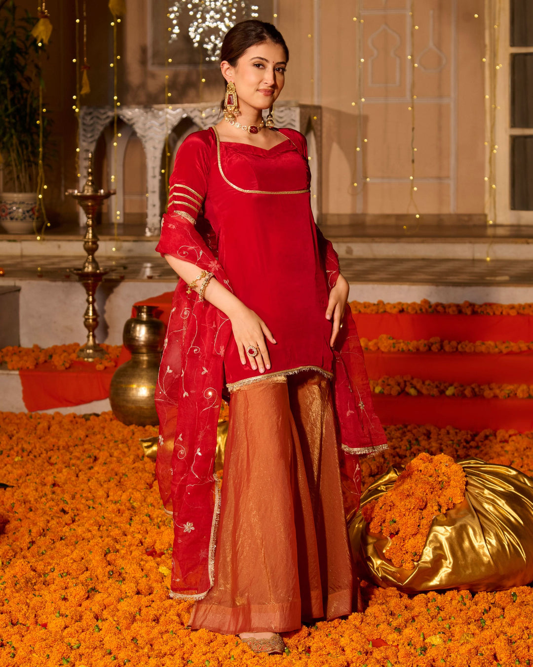 Shubhi Red Solid Satin Sharara Set