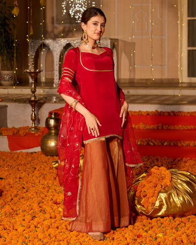 Shubhi Red Solid Satin Sharara Set