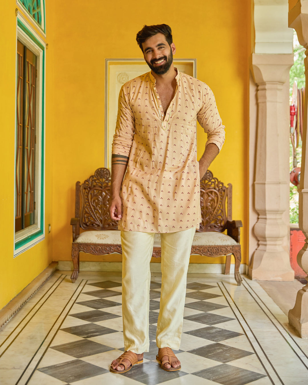 Hari Beige Bandhani Chanderi Kurta