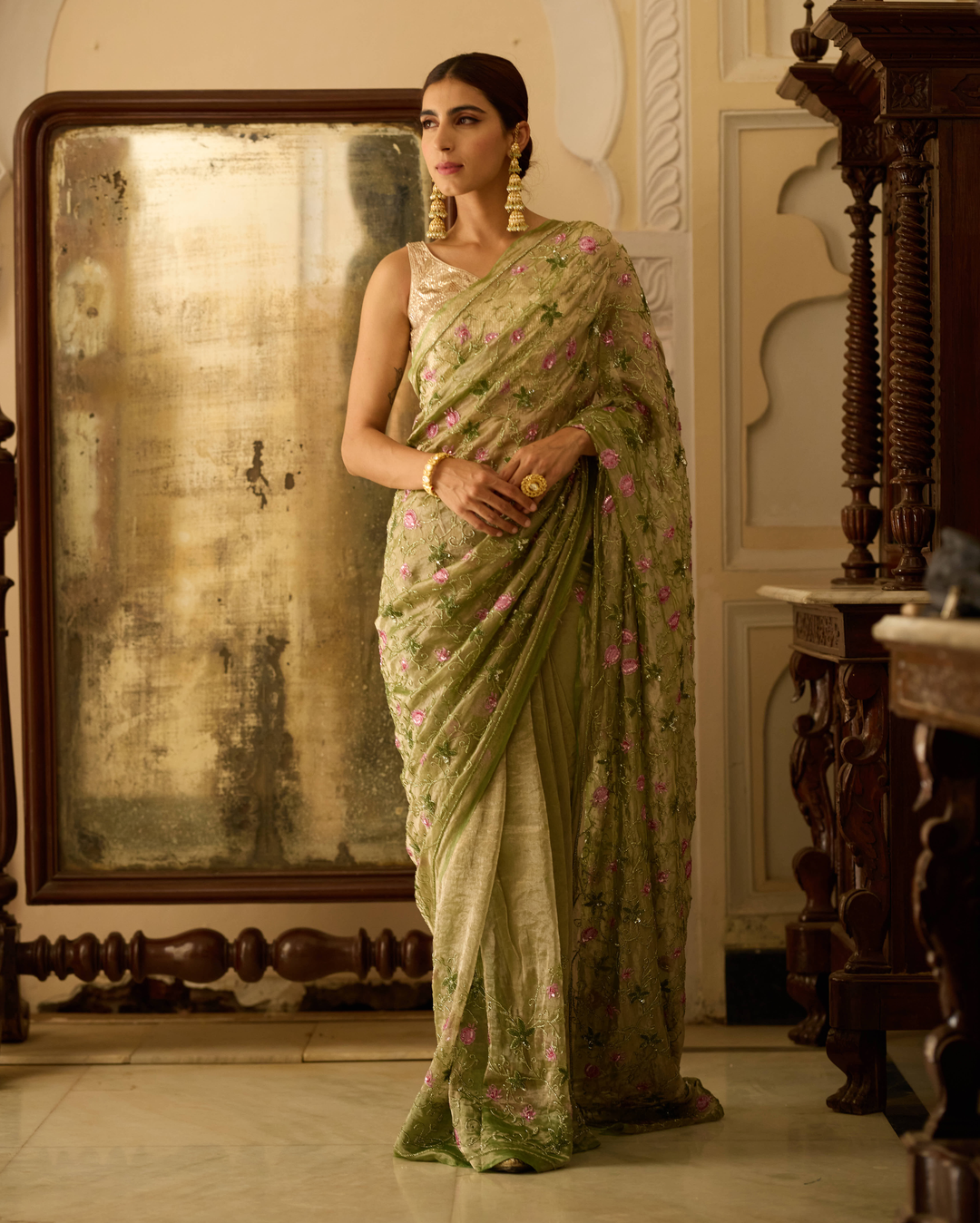 Manmohini Green Handcrafted Pure Tissue Saree