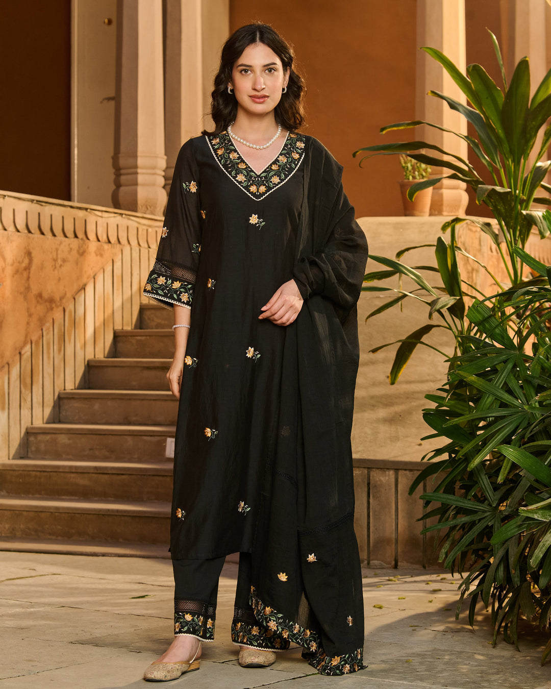 Bela Black Embroidered Cotton Suit Set