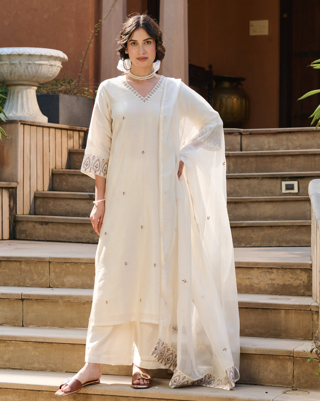 Sera Off White Embroidered Chanderi Suit Set