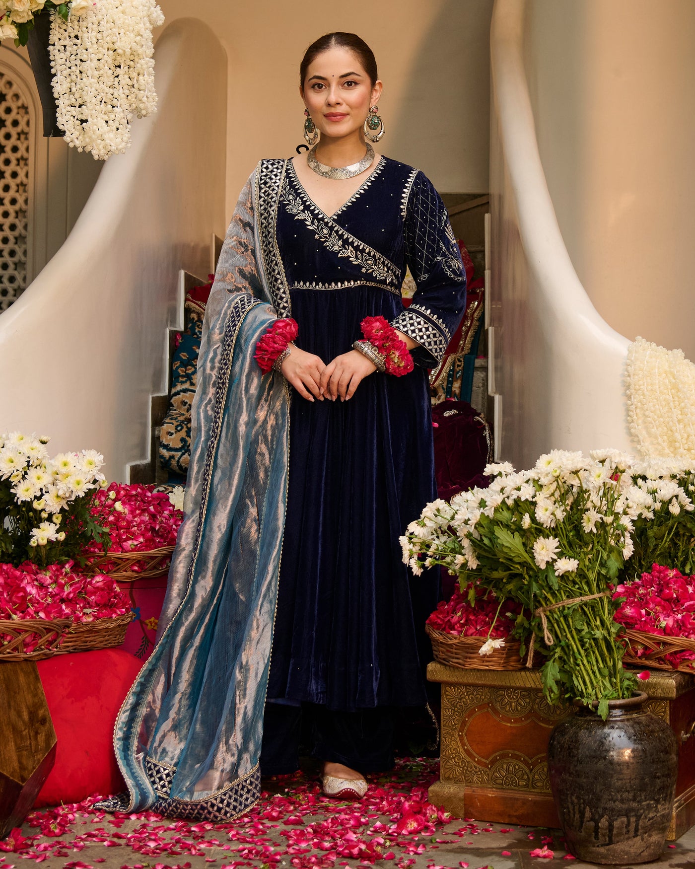 Arzu Blue Embroidered Velvet Suit Set