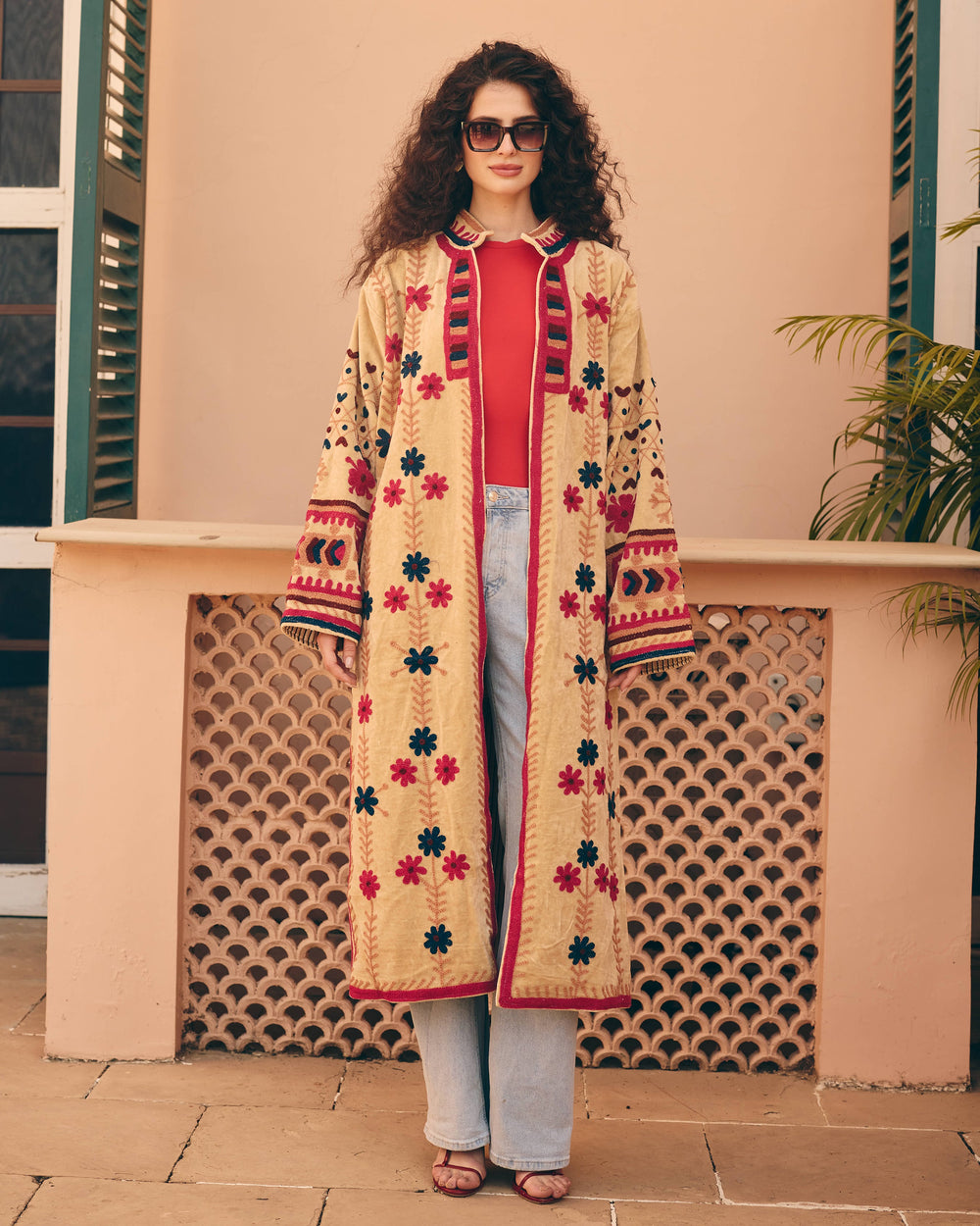 Ecriva Beige Velvet Suzani Jacket