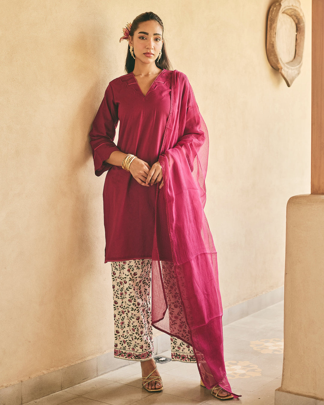 Gena Purple Cotton Printed Suit Set