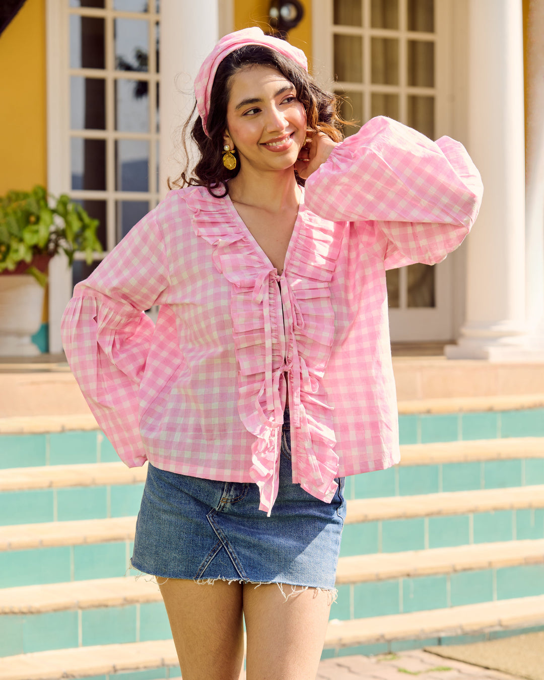 Nora Pink Cotton Checks Printed Top
