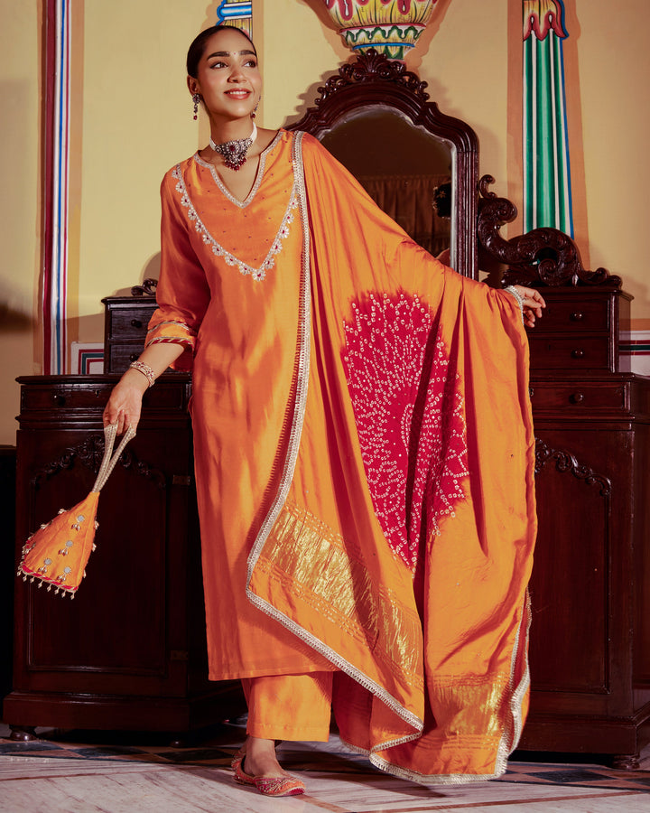 Veera Mustard Embroidered Chanderi Suit Set
