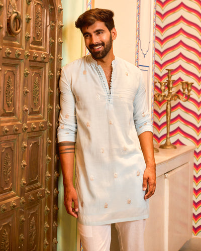 Udayan Blue Embroidered Chanderi Kurta