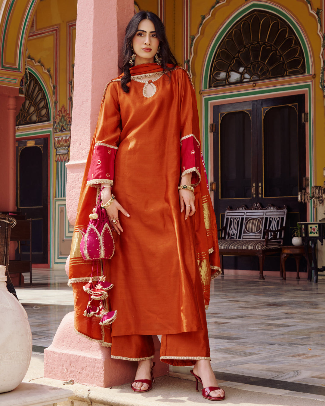Priya Orange Embroidered Chanderi Suit Set