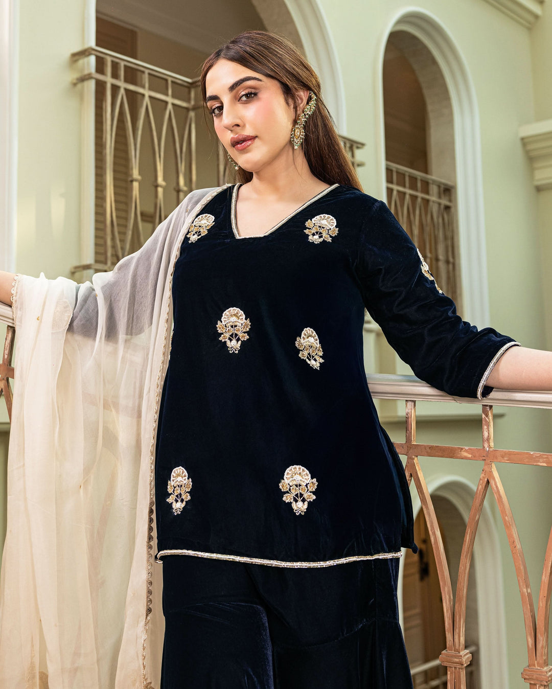 Nihayat Navy Embroidered Velvet Sharara Set