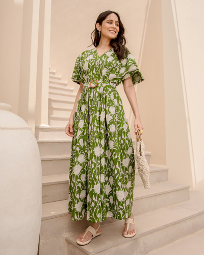 Celery Green Printed Cotton Dress