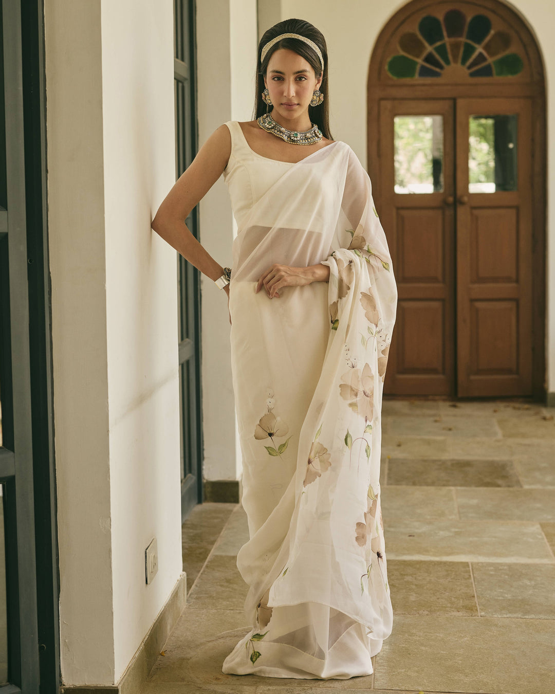 Trail Off White Handpainted Chiffon Saree