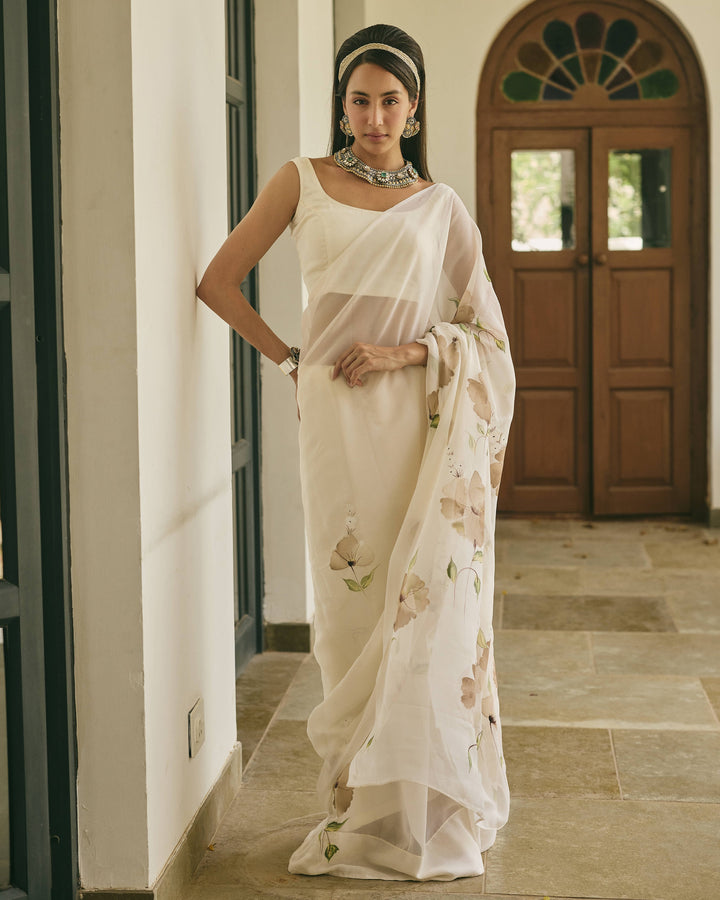 Trail Off White Handpainted Chiffon Saree
