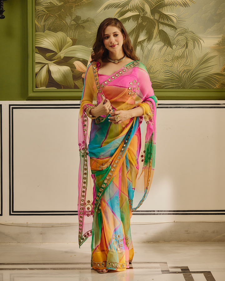 Shehnaz Dark Multi Color Leheriya Chiffon Saree