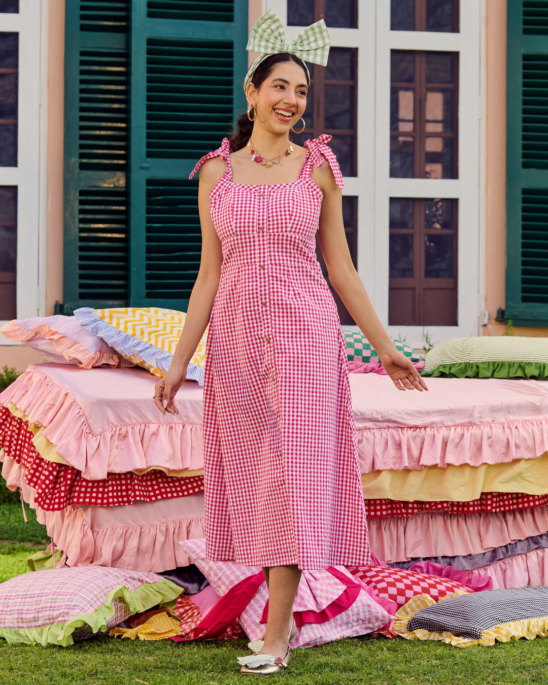Piar Pink Cotton Checks Dress