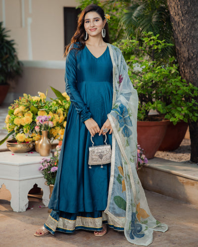 Neelkamal Teal Blue Handpainted Chanderi Suit Set