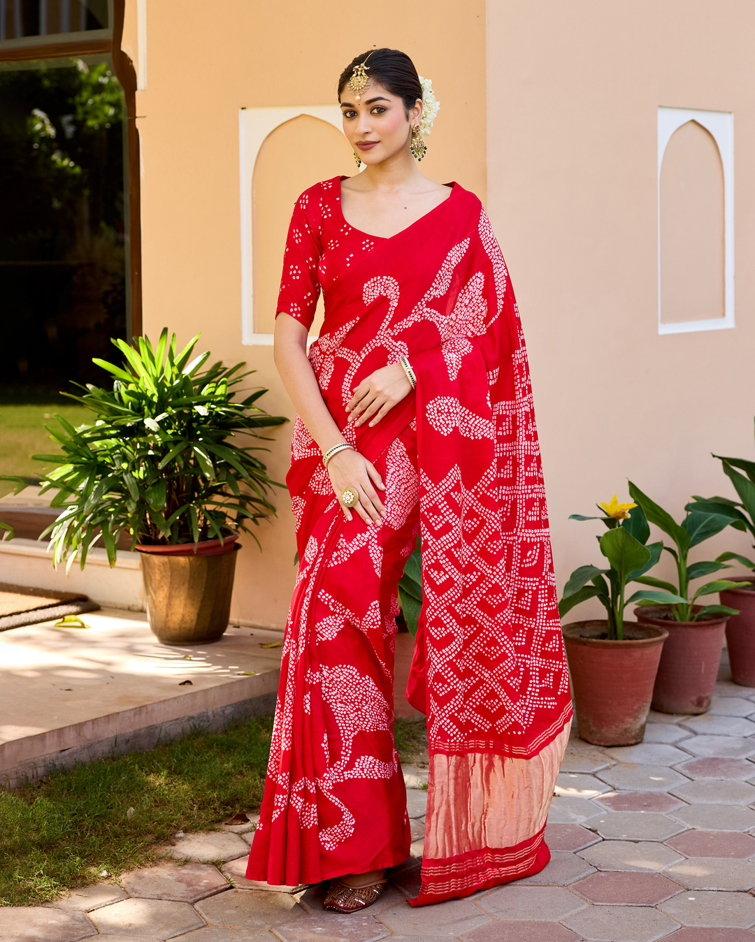 Kumkum Red Gajji Silk Bandhej Saree