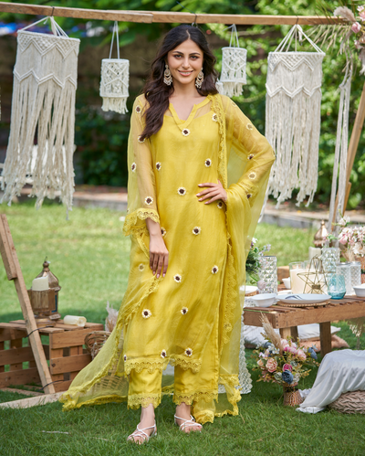 Murat Yellow Embroidered Organza Dupatta