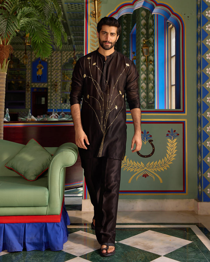 Shankar Black Chanderi Embroidered Kurta