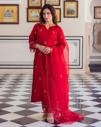 Radhika Red Embroidered Chanderi Suit Set
