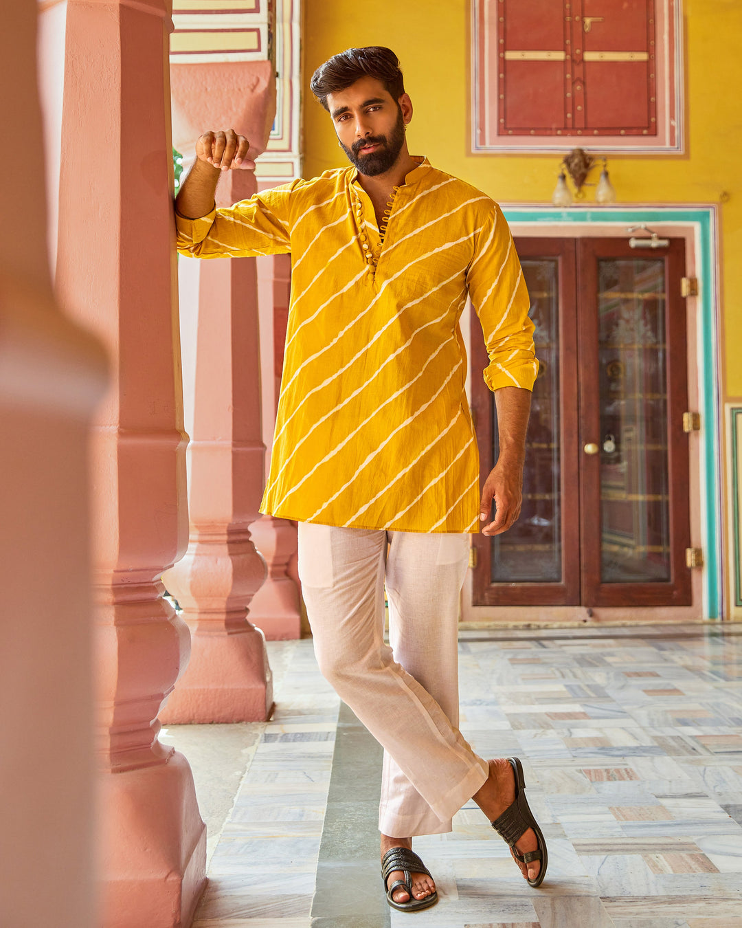 Rishabh Yellow Leheriya Cotton Kurta