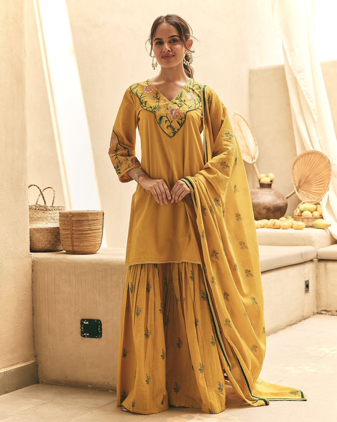 Sima Mustard Cotton Printed Sharara Set