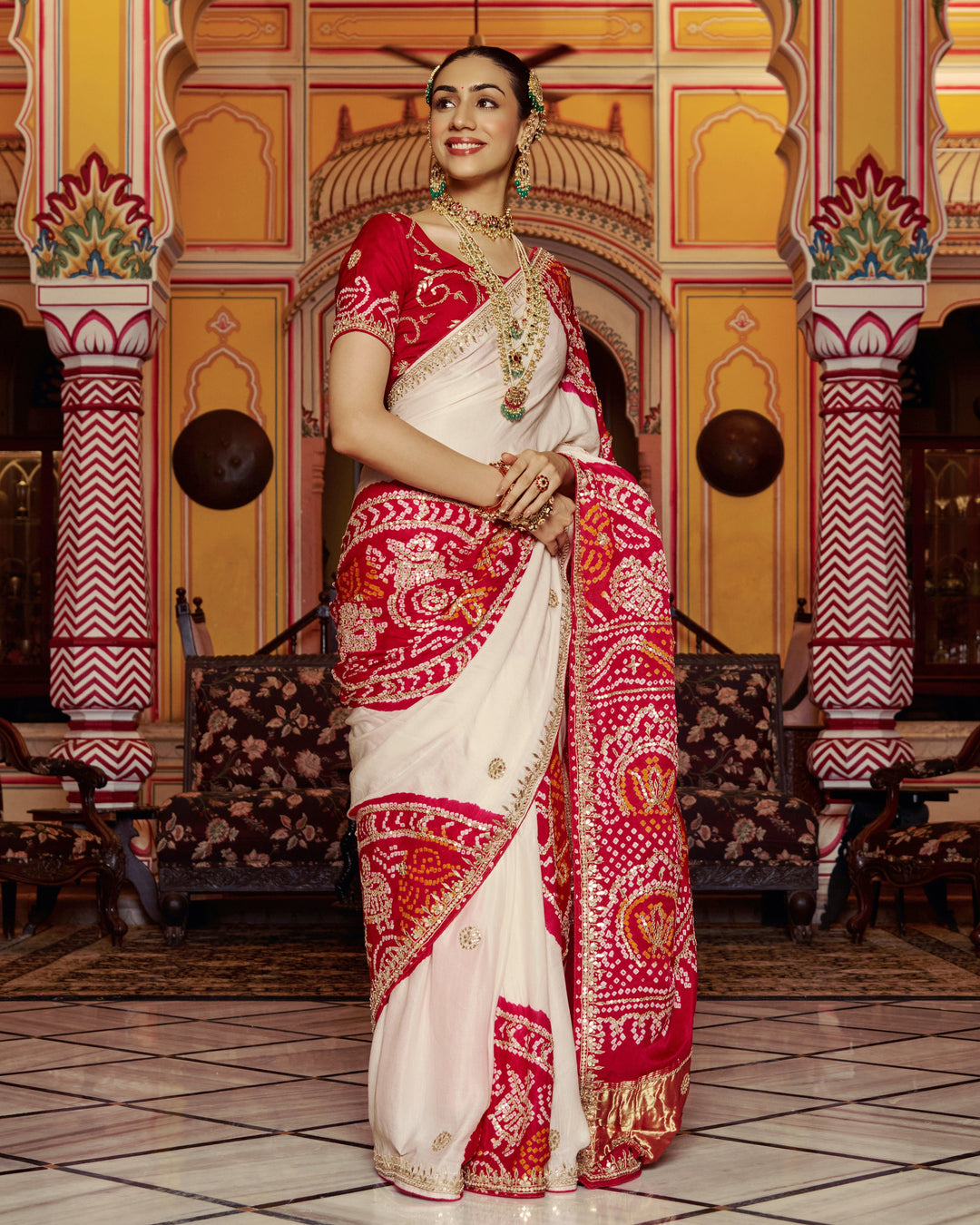 Ghanan White Embroidered Kajol Bandhej Silk Saree