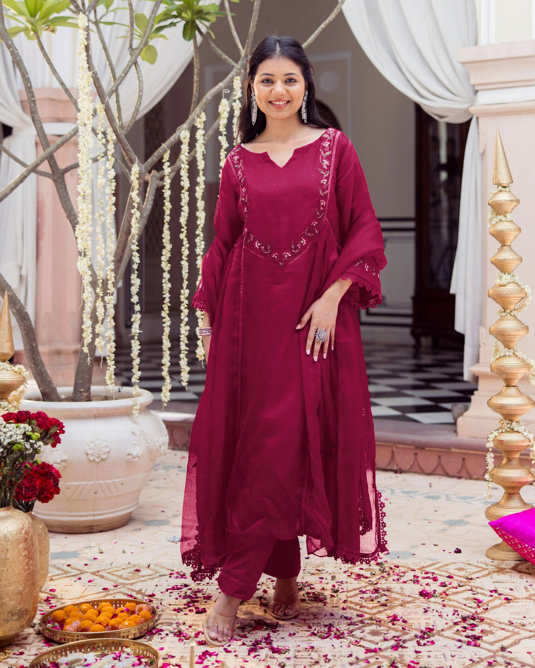 Reesh Burgundy Embroidered Doria Suit Set
