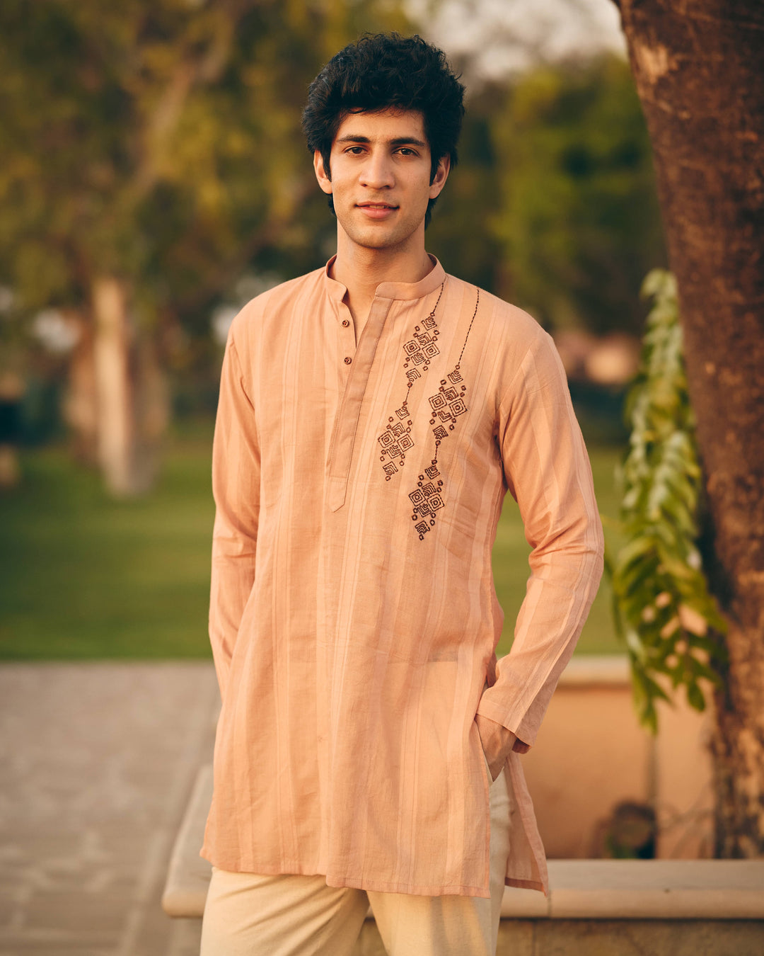 Brix Brown Cotton Dobby Embroidered Shirt