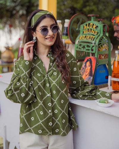 Lama Green Bandhani Cotton Shirt