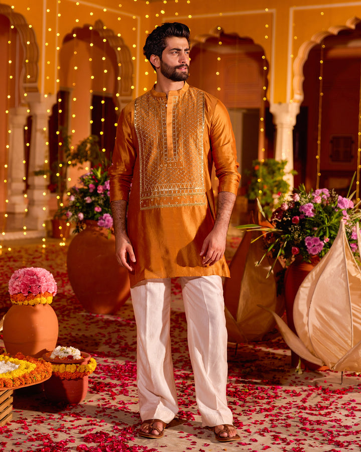 Bajrang Mustard Chanderi Embroidered Kurta