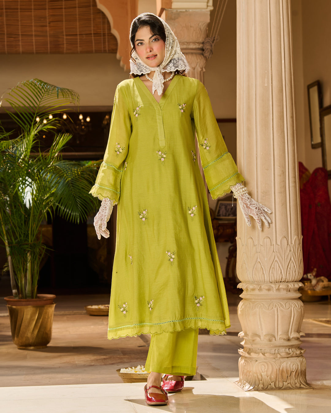 Nino Green Embroidered Cotton Checks Kurta Set