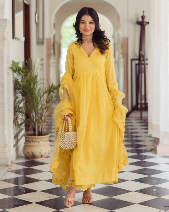 Yellow Embroidered Chanderi Suit Set
