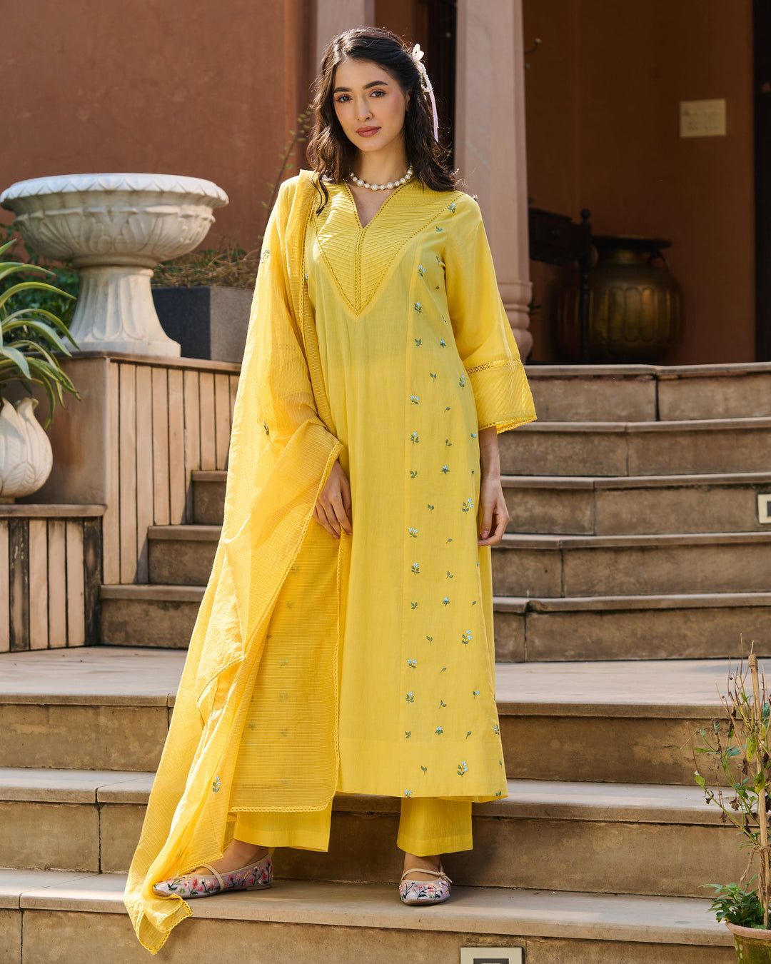 Serein Yellow Embroidered Cotton Suit Set