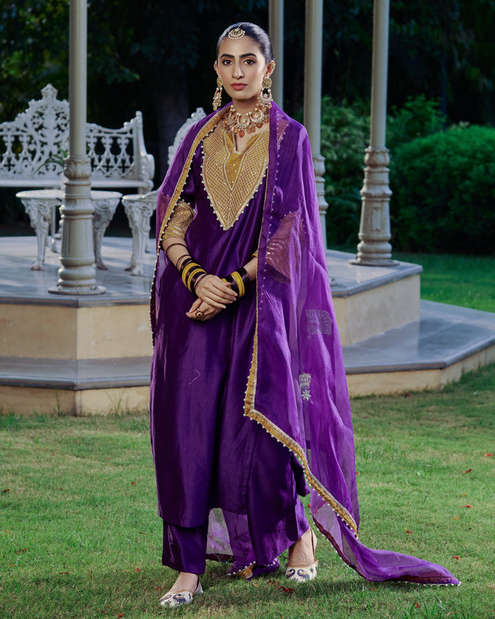 Ambika Purple Embroidered Chanderi Suit Set