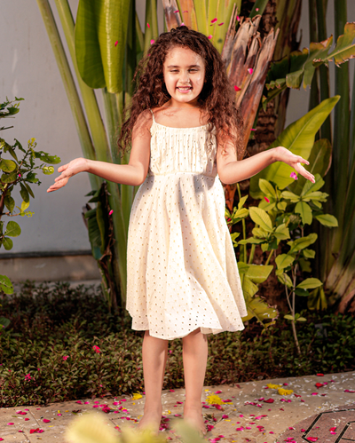 Dewdrop White Cotton Schiffli Dress