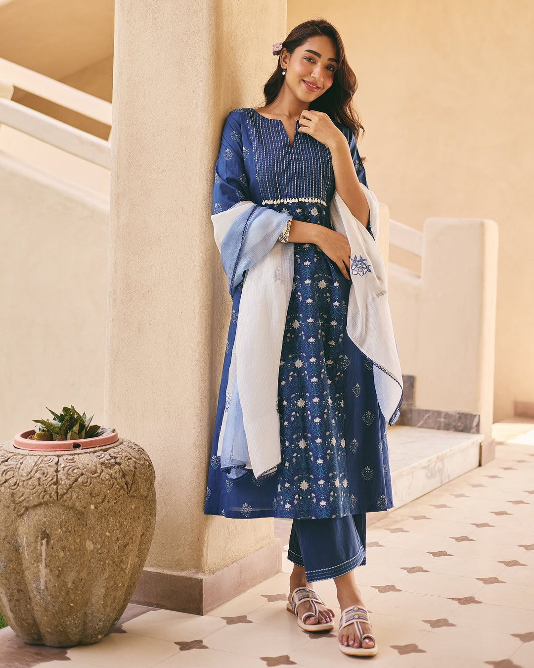 Lav Blue Cotton Printed Suit Set