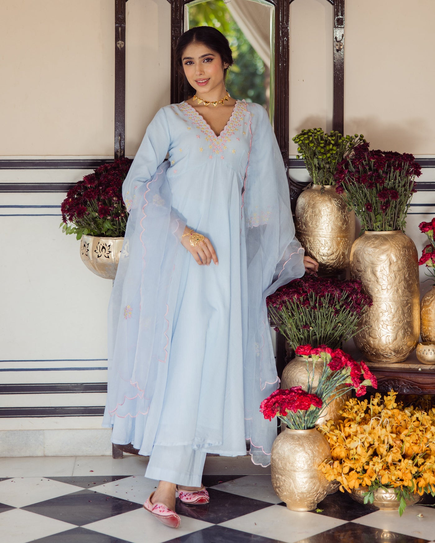 Star Blue Embroidered Cotton Suit Set