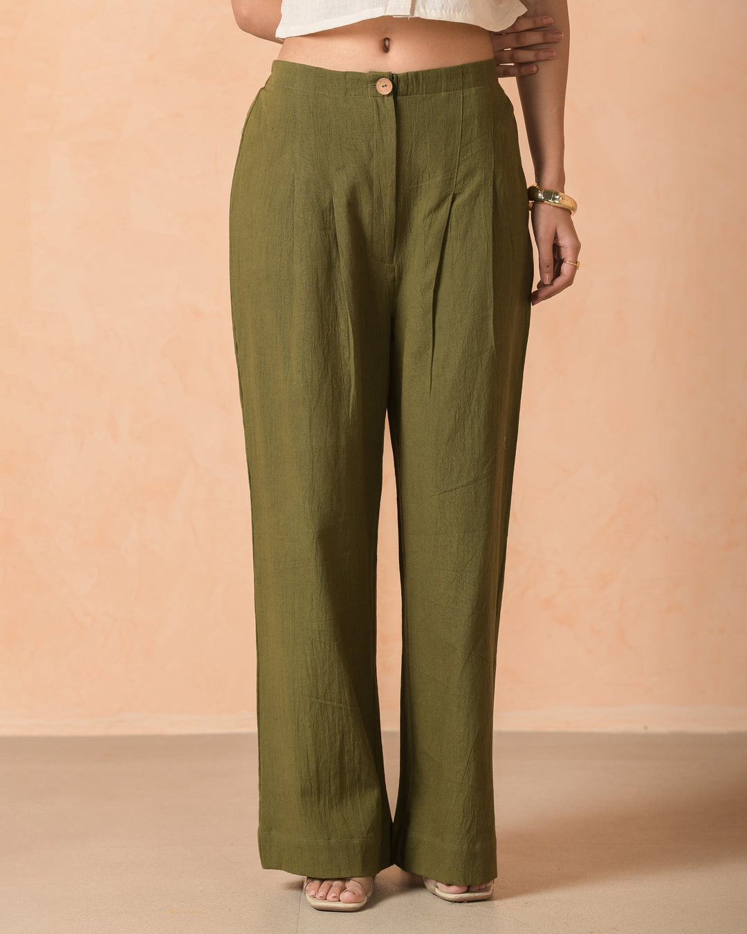 Aeris Olive Cotton Flex Solid Straight Pants