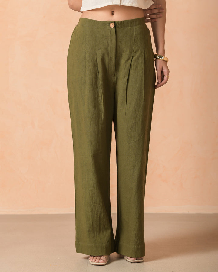Aeris Olive Cotton Flex Solid Straight Pants
