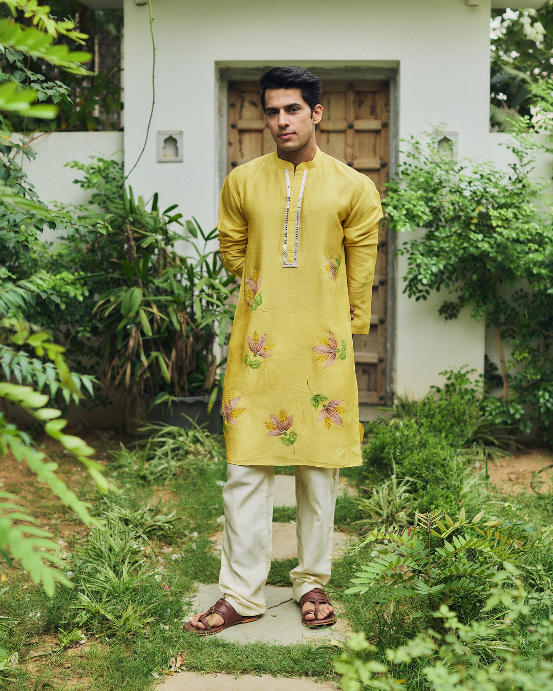 Aurev Yellow Handpainted Silk Kurta