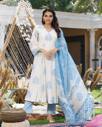 Rudra White Printed Silk Suit Set