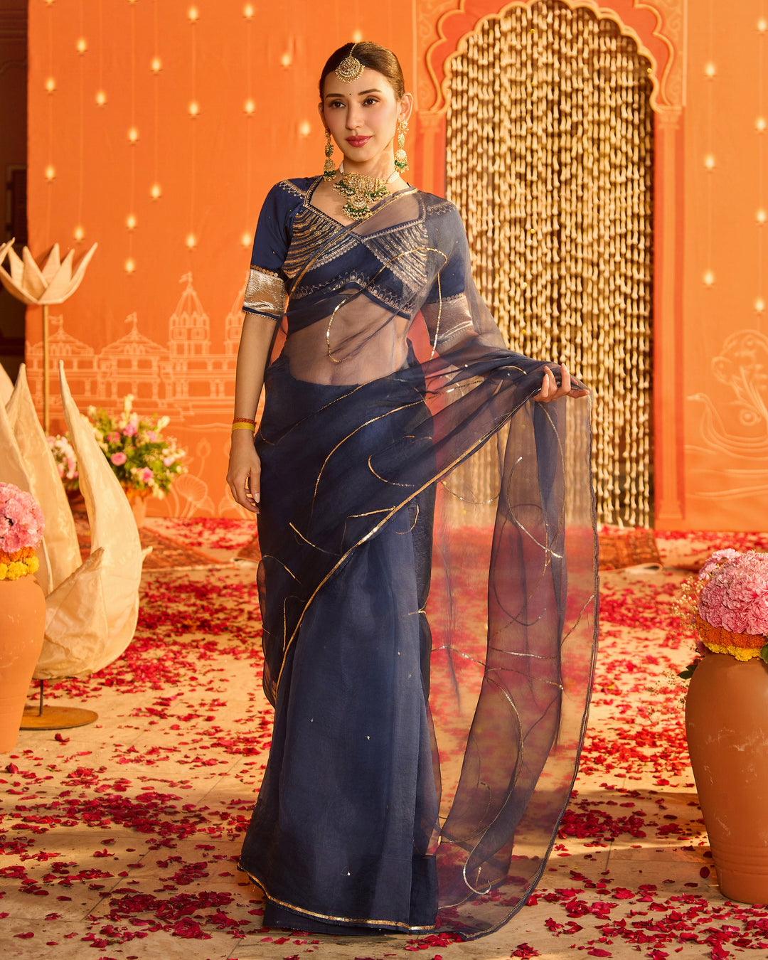 Noorika Blue Embroidered Satin Aangi Blouse And Saree