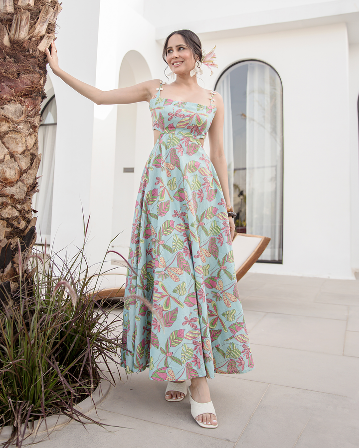 Sky Blue Printed Cotton Dress