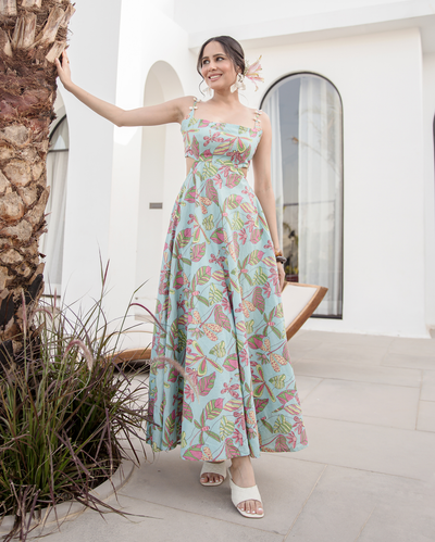 Sky Blue Printed Cotton Dress