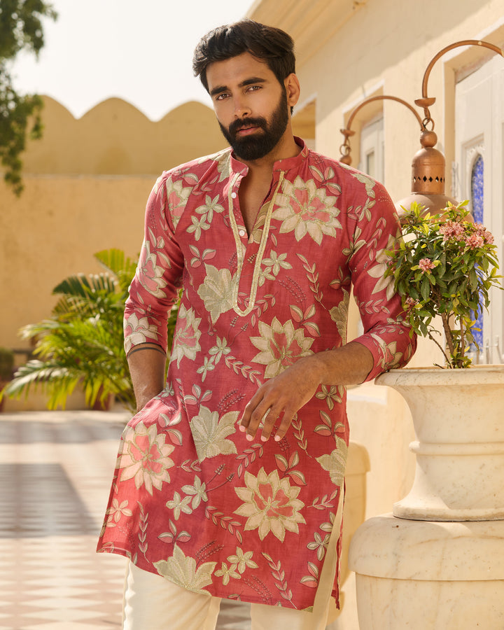 Kshitij Mauve Printed Chanderi Kurta