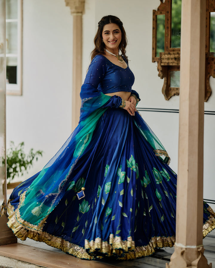 Varnesha Blue Handpainted Chanderi Lehenga Set